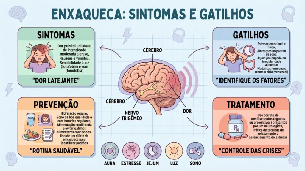 Sintomas, gatilhos, prevenção e tratamento da enxaqueca explicados em um guia visual.