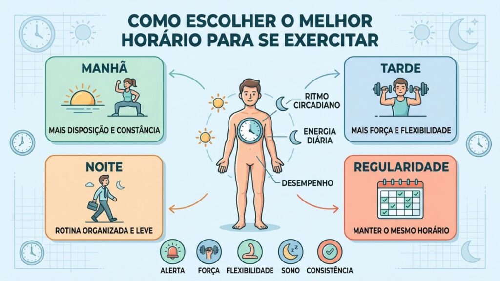 Quatro fatores que ajudam a escolher o melhor horário para se exercitar.