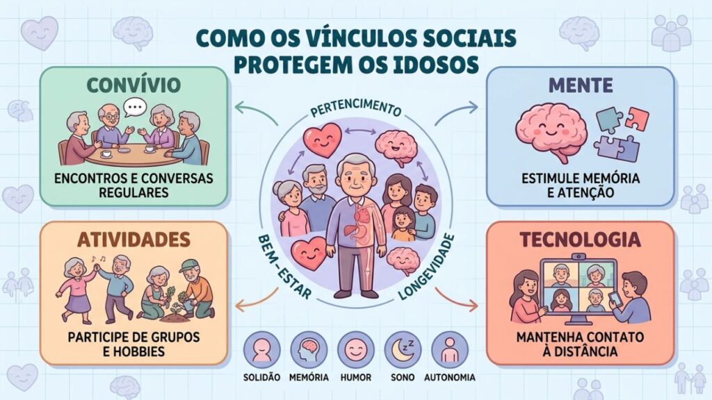 Quatro pilares fortalecem a conexão social e combatem a solidão na velhice.
