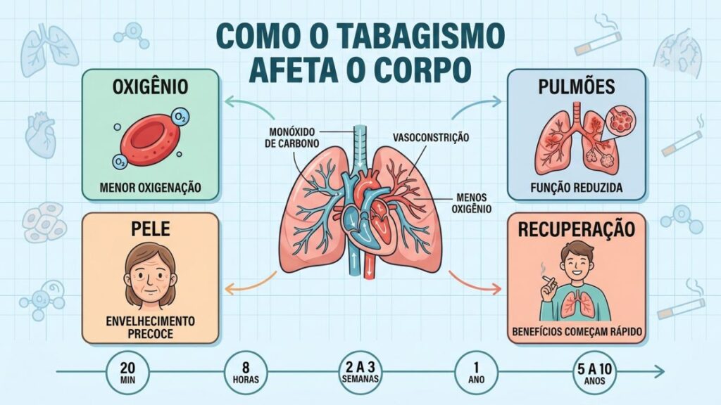 O tabagismo reduz o oxigênio, danifica pulmões, envelhece a pele e melhora após a cessação.