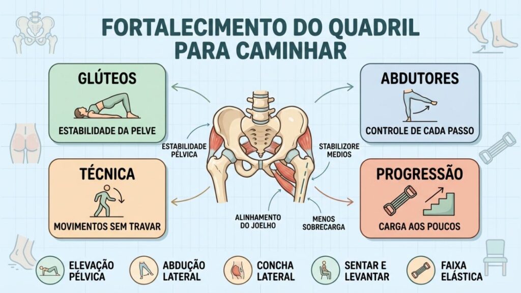 Quatro pilares ajudam a estabilizar o quadril durante a caminhada.