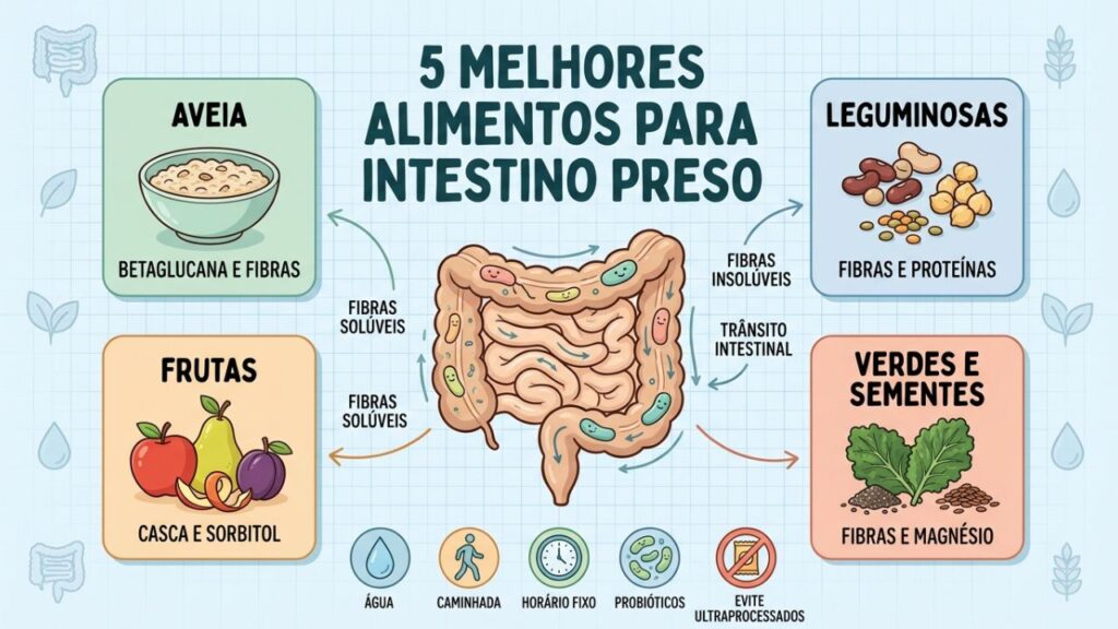 Aveia, leguminosas, frutas, verduras e sementes favorecem um trânsito intestinal saudável.