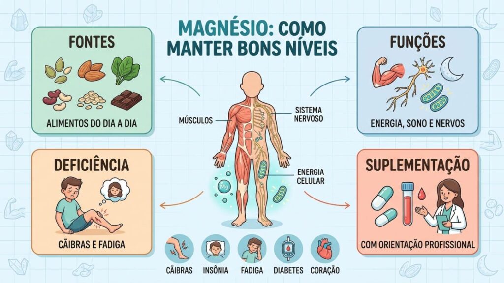 Fontes, funções, deficiência e suplementação do magnésio em um guia visual.