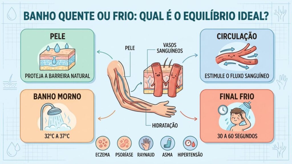 Banho morno e final frio equilibram hidratação, conforto e circulação.