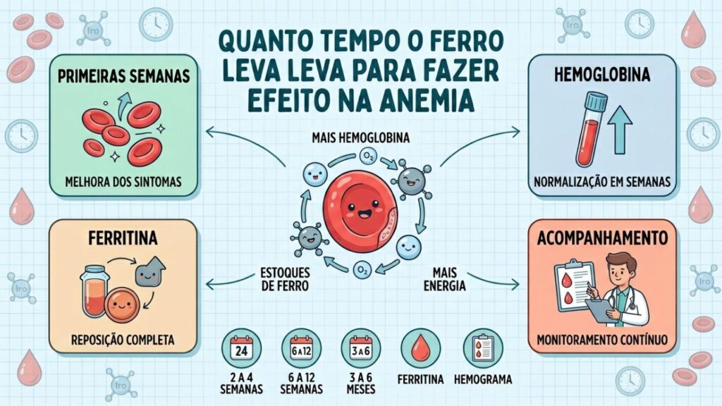 Quatro etapas explicam como o ferro restaura a hemoglobina e a ferritina.