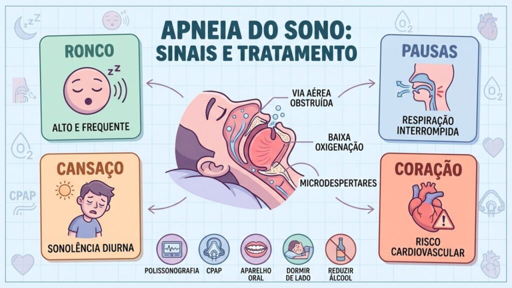 Ronco, pausas respiratórias, sonolência e risco cardíaco orientam o diagnóstico da apneia.