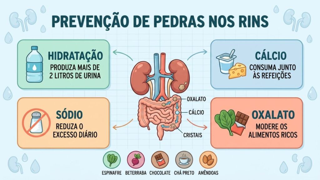 Quatro pilares reduzem o risco de cálculos renais em pessoas predispostas.