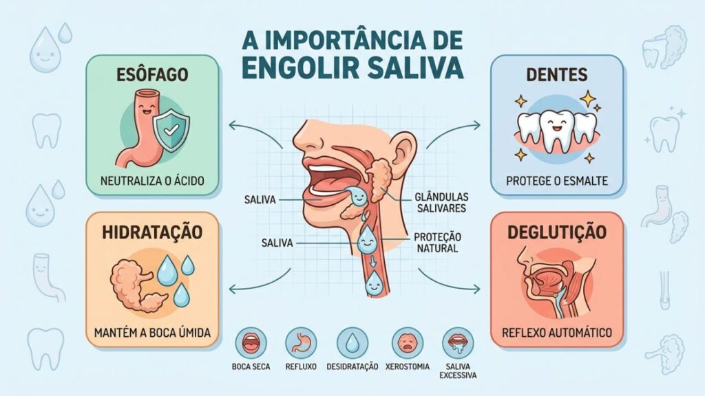 Quatro pilares mostram como a saliva protege a boca, os dentes e o esôfago.