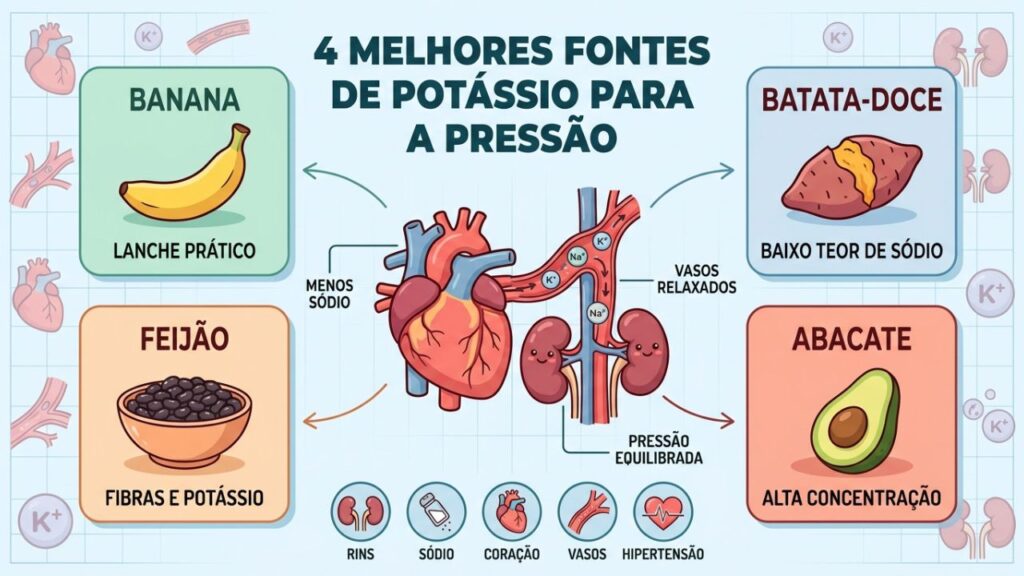 Banana, batata-doce, feijão e abacate fornecem potássio para ajudar no controle da pressão arterial.