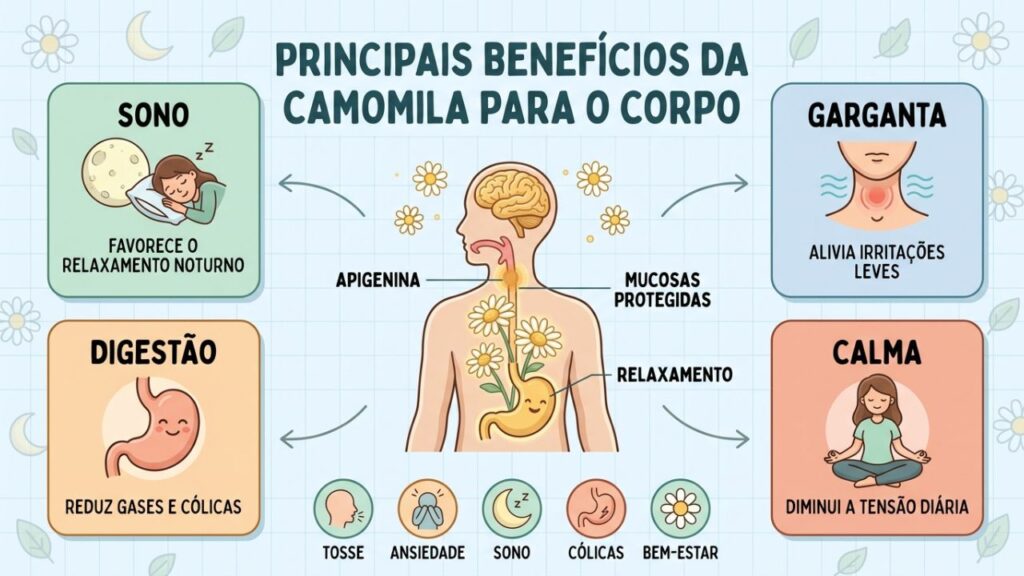Quatro benefícios da camomila para o sono, digestão e bem-estar diário.