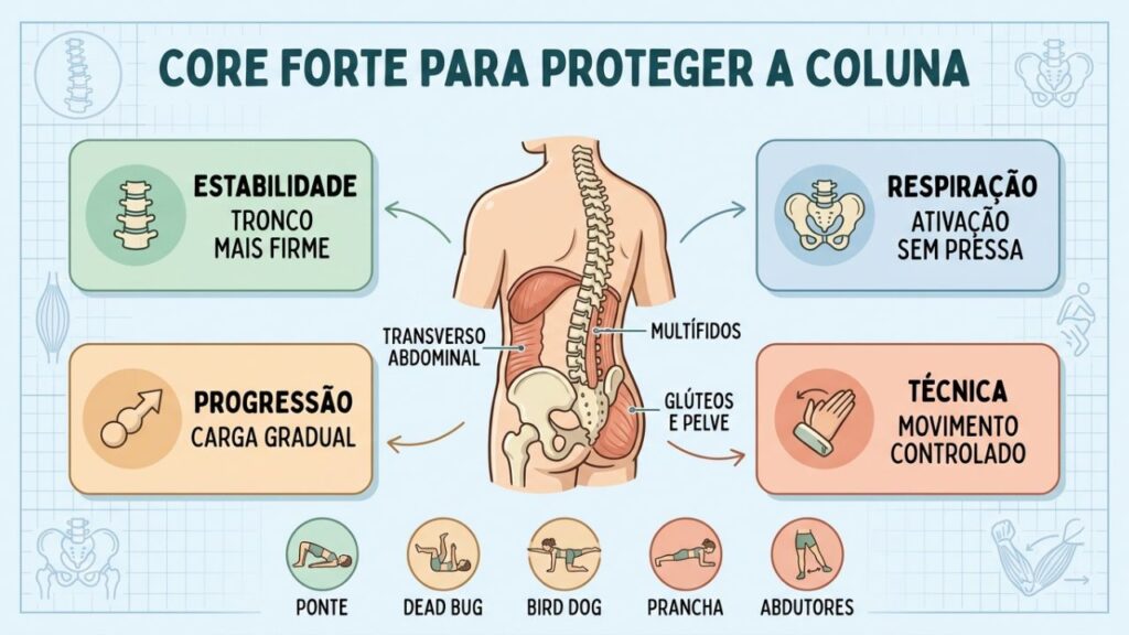 Estabilidade, respiração, técnica e progressão protegem a lombar no treino.