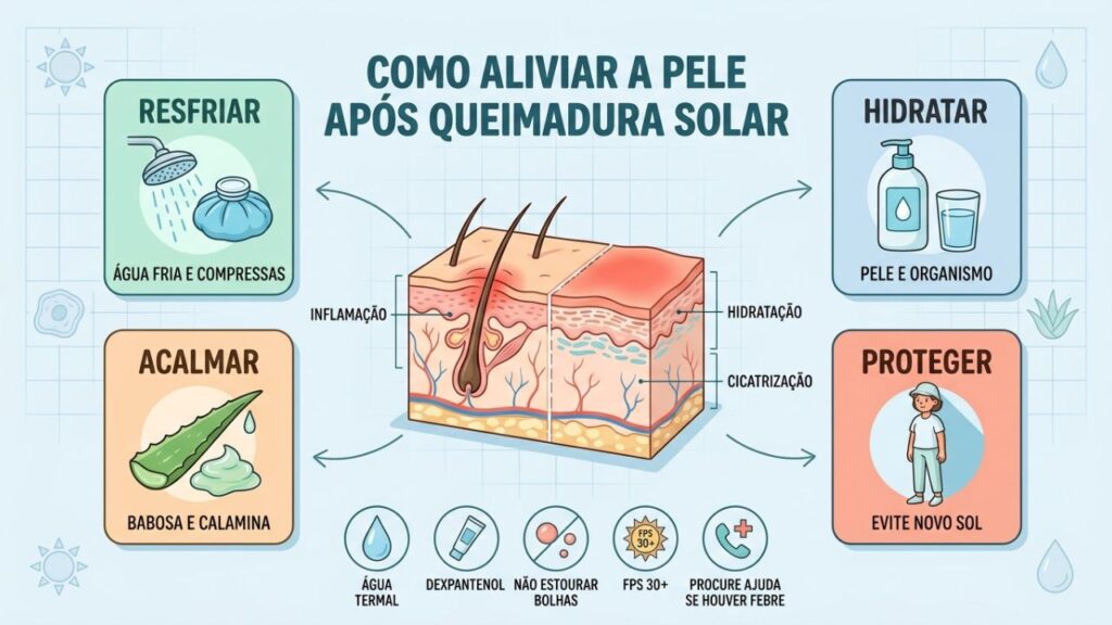 Resfriamento, hidratação, babosa e proteção solar favorecem a recuperação da pele queimada.