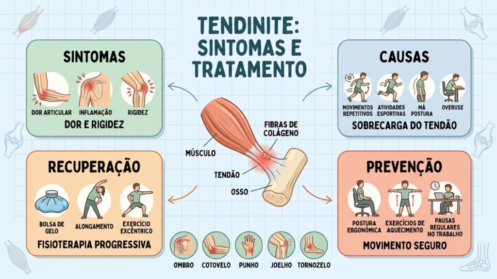 Sintomas, causas, prevenção e tratamento da tendinite em um guia visual completo.