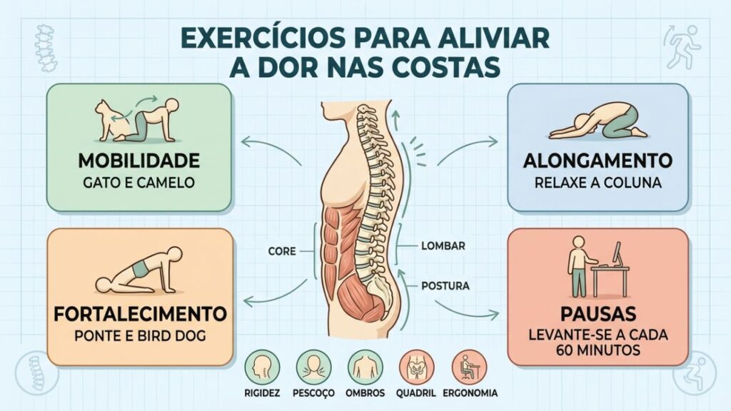 Quatro exercícios simples fortalecem a coluna e reduzem a dor nas costas.