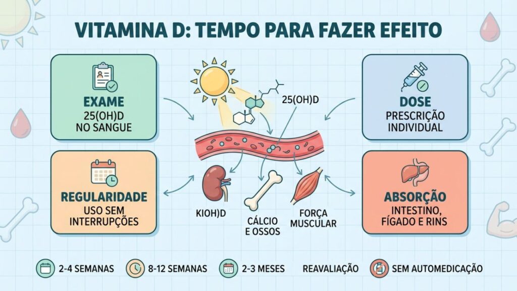 Quanto tempo leva para a vitamina D fazer efeito varia conforme a deficiência e a dose. Entenda quando os níveis começam a subir.