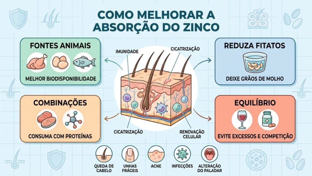 Quatro pilares ajudam a potencializar a absorção diária de zinco.