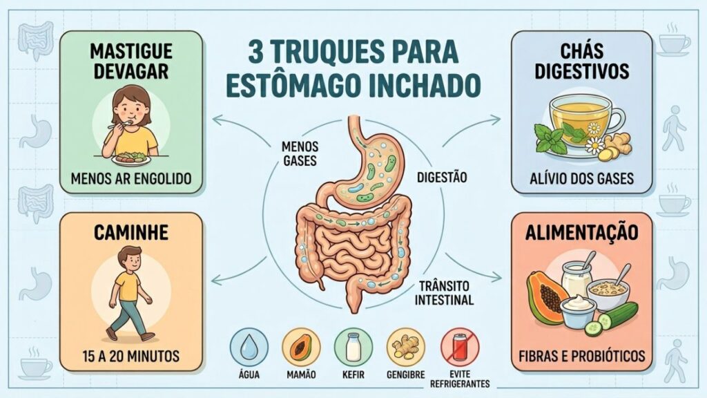 Mastigar devagar, tomar chás digestivos e caminhar ajudam a reduzir o estufamento abdominal.