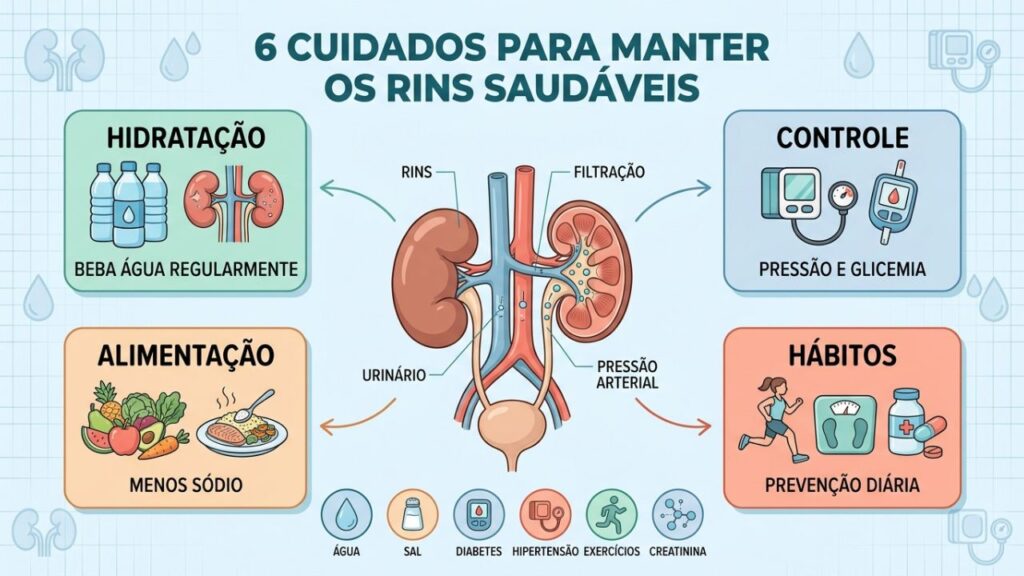 Seis cuidados essenciais para preservar a função renal e prevenir doenças dos rins.