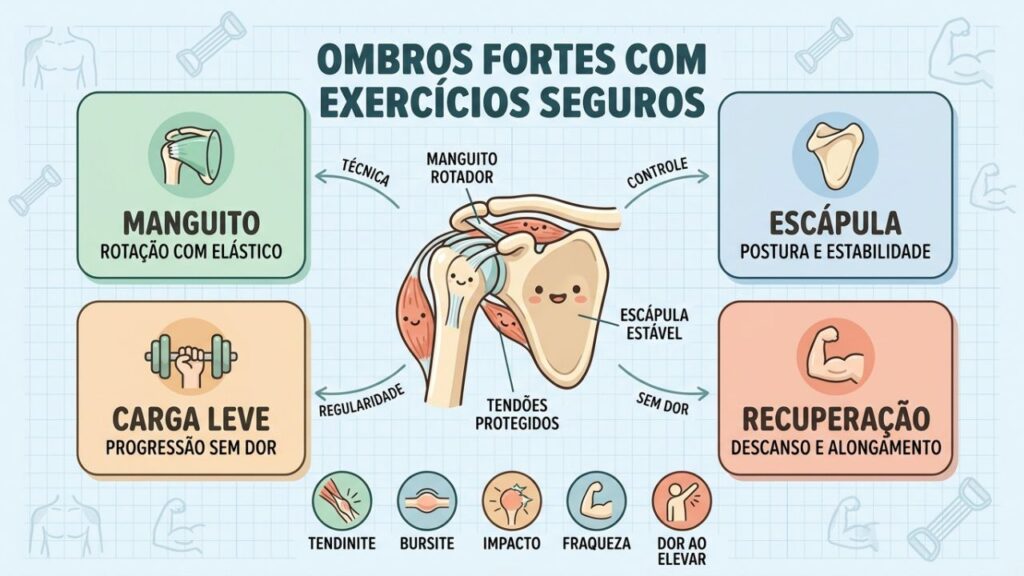 Quatro pilares protegem manguito, escápula e tendões durante o fortalecimento.