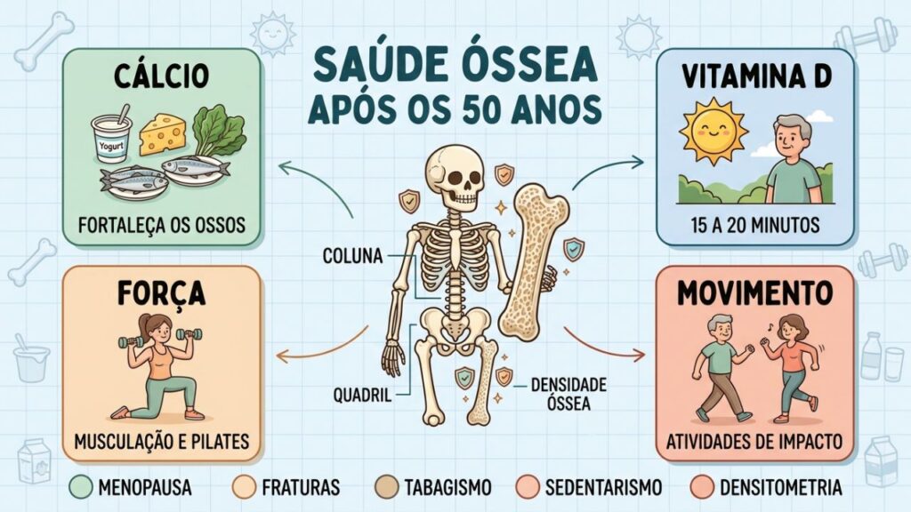 Quatro pilares ajudam a preservar a densidade óssea e prevenir fraturas.