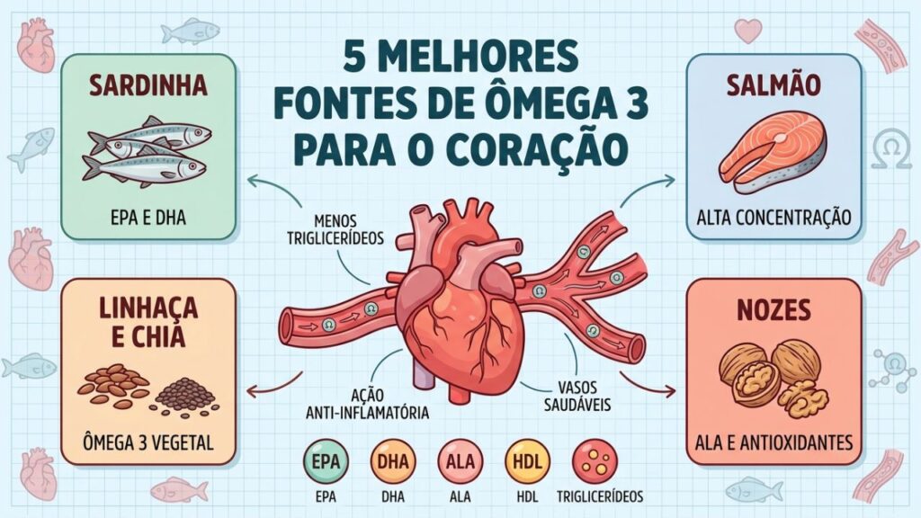 Sardinha, salmão, linhaça, chia e nozes fornecem ômega 3 para proteger o coração.
