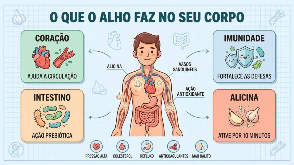Quatro pilares mostram como o alho atua no coração, intestino e imunidade.