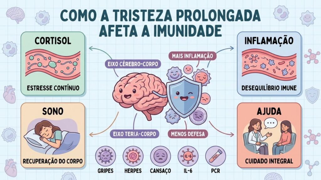Cortisol, inflamação, sono e apoio profissional influenciam a saúde imunológica.