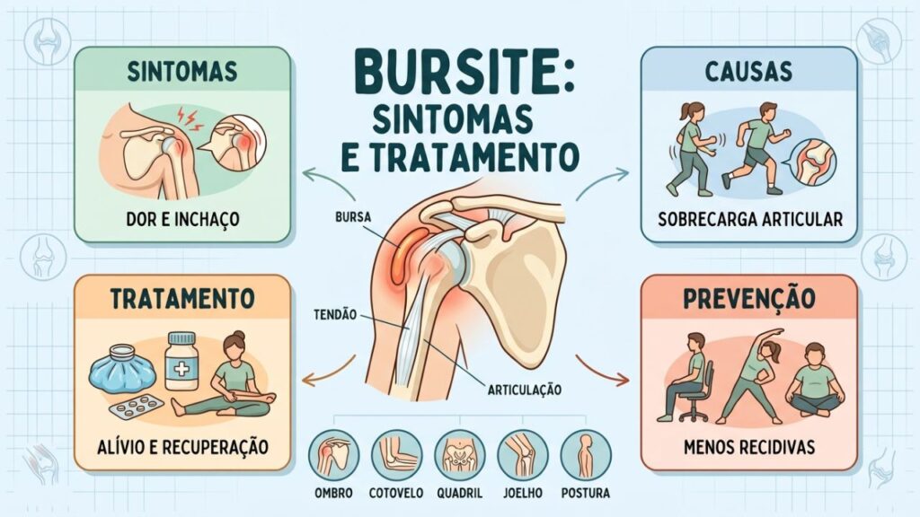 Sintomas, causas, prevenção e tratamento da bursite explicados visualmente.