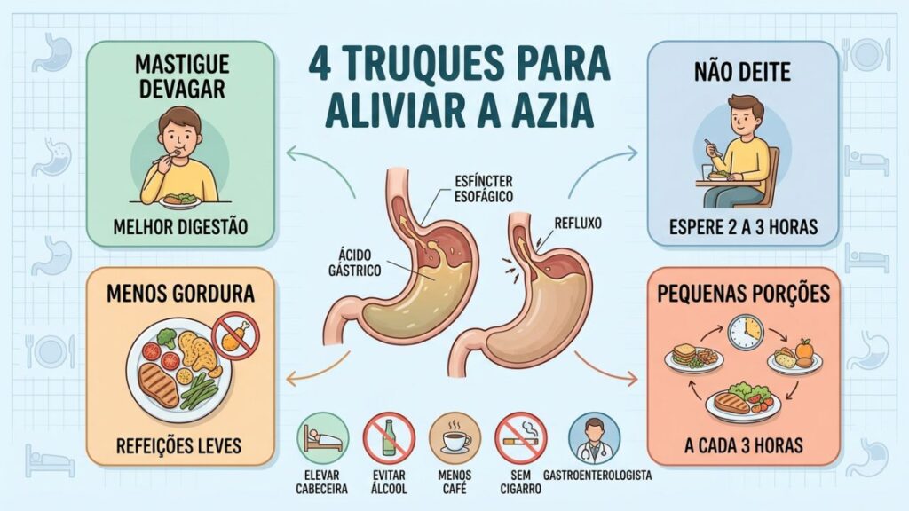 Comer devagar, evitar deitar e reduzir refeições pesadas ajudam a controlar a azia.