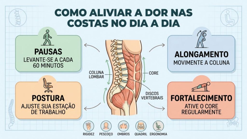Quatro hábitos simples reduzem a tensão na coluna e melhoram a postura diária.