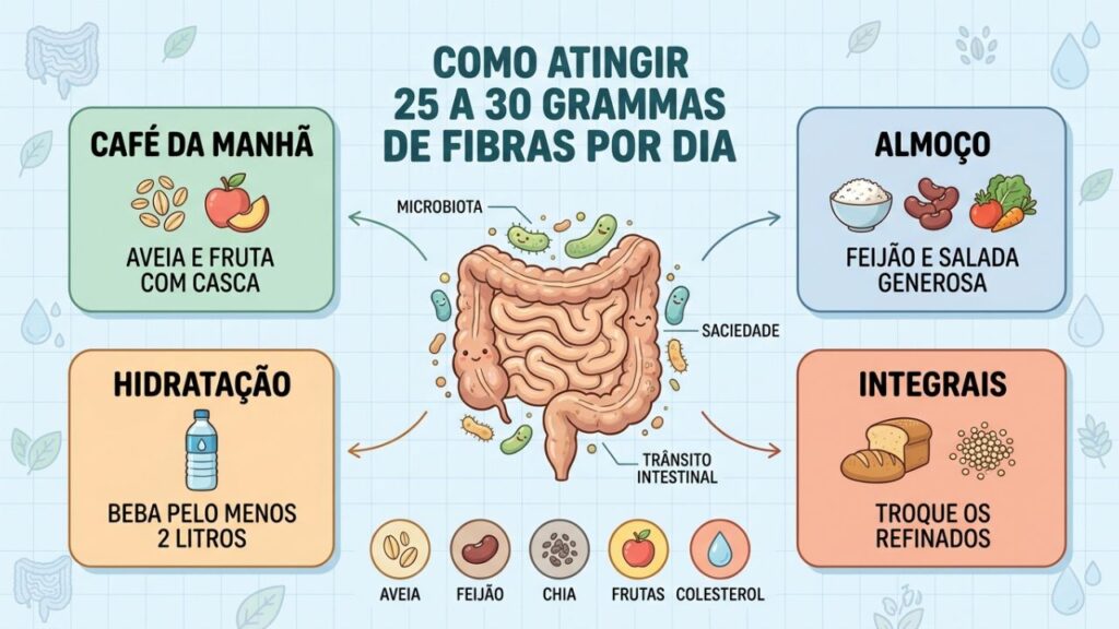 Quatro pilares ajudam a alcançar a meta diária de fibras com equilíbrio.