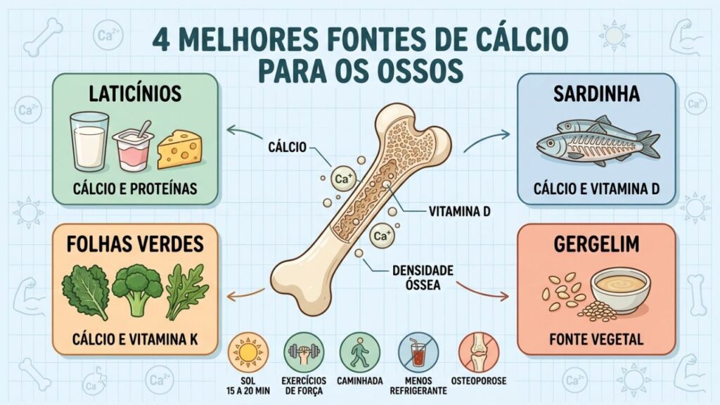Laticínios, sardinha, folhas verdes e gergelim fortalecem os ossos com mais cálcio.