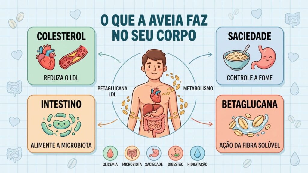 Quatro pilares mostram como a aveia beneficia o coração, o intestino e o metabolismo.