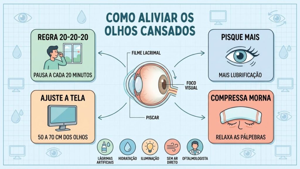 Pausas, piscar com frequência e ajustar a tela reduzem a fadiga visual digital.