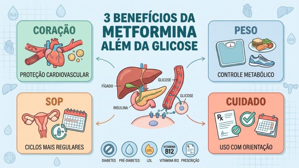 Três benefícios da metformina além do açúcar no sangue, com cuidados essenciais.