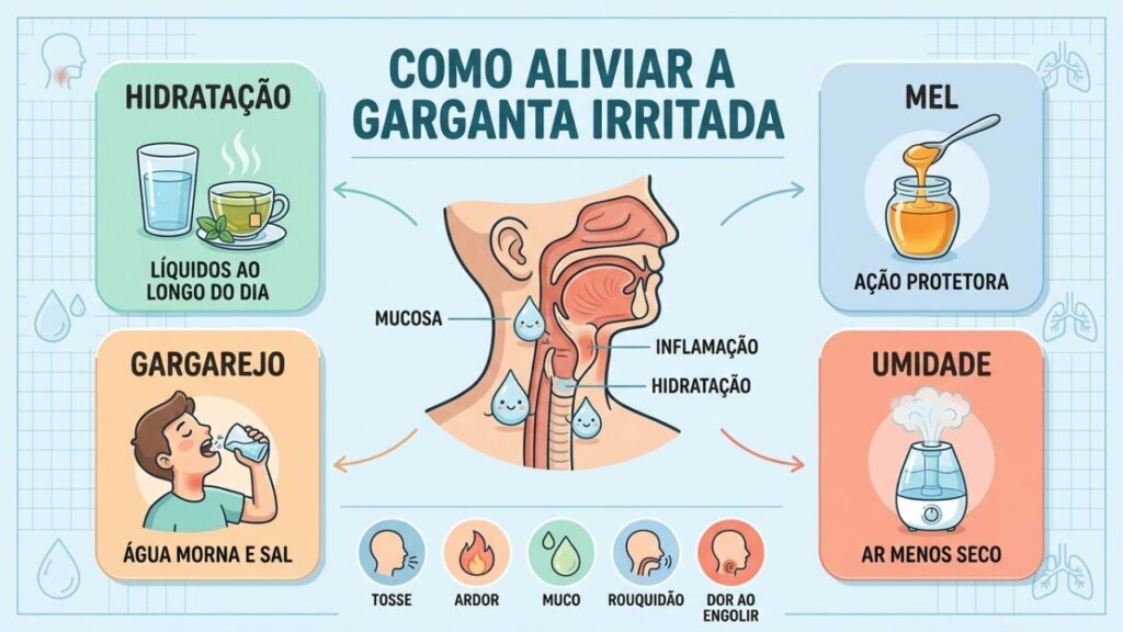 Hidratação, mel, gargarejo e umidade aliviam a garganta irritada naturalmente.
