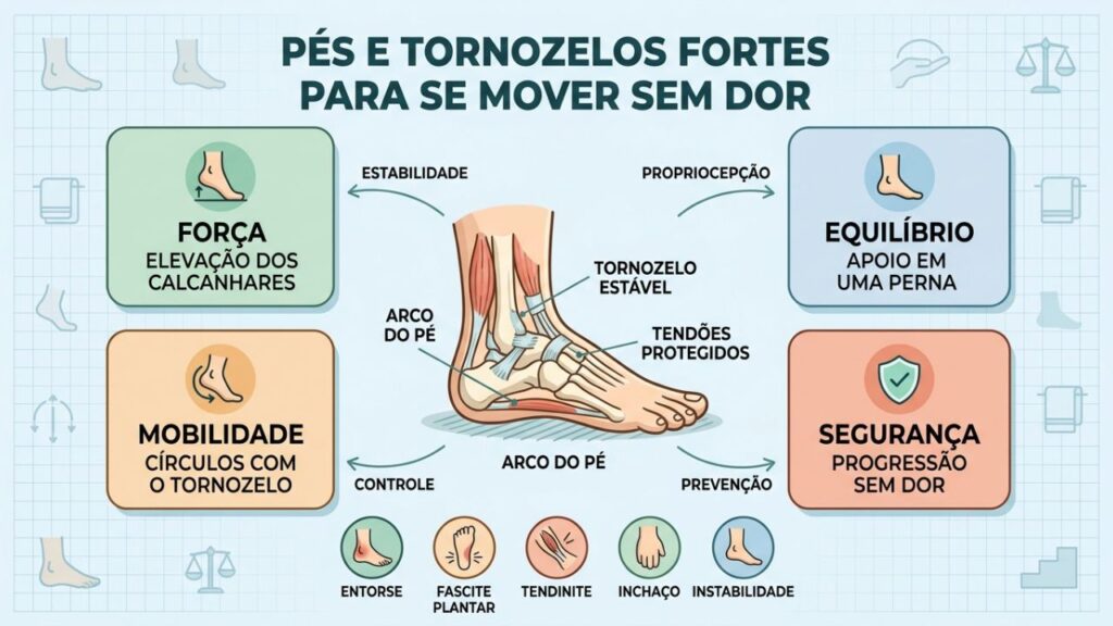 Força, equilíbrio, mobilidade e segurança protegem tornozelos durante o movimento.
