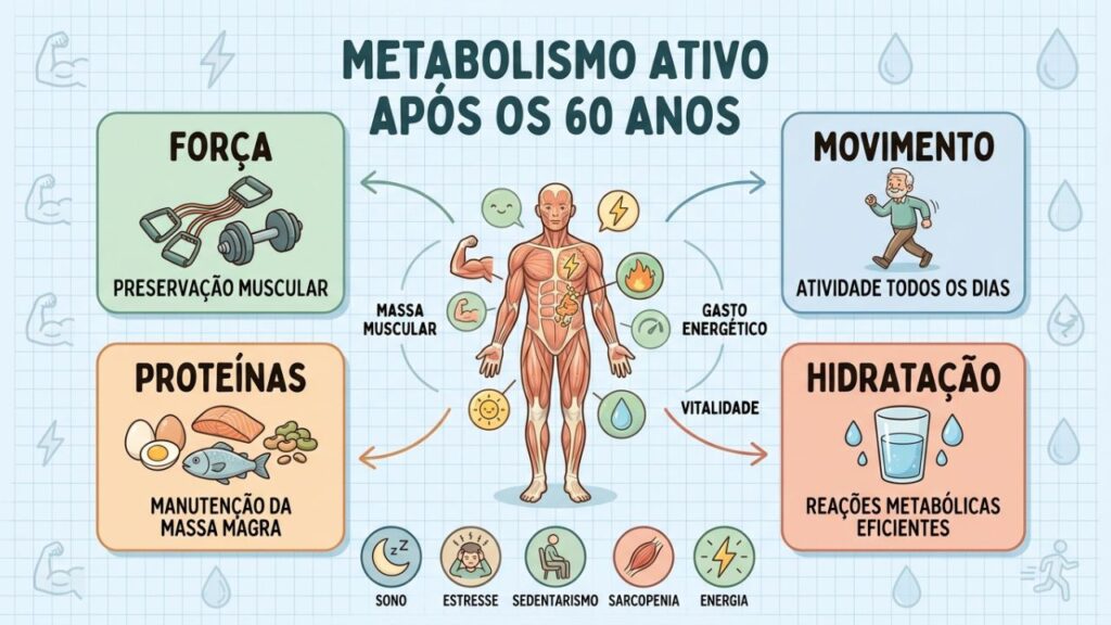Força, movimento, proteínas e hidratação sustentam o metabolismo saudável.
