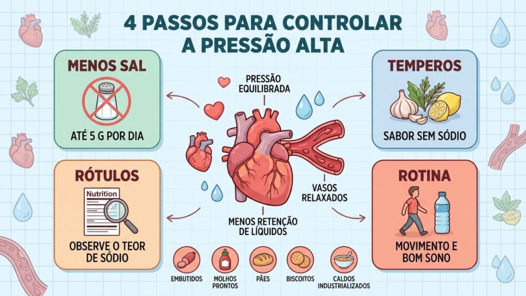 Quatro hábitos simples diminuem o sódio e favorecem o controle da hipertensão.