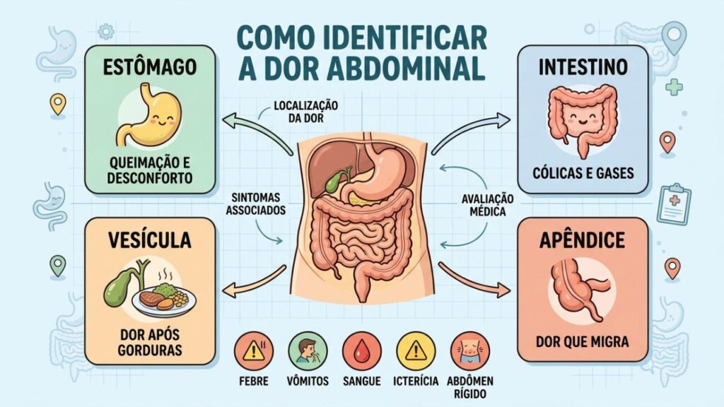 Localização da dor e sintomas ajudam a identificar possíveis causas.