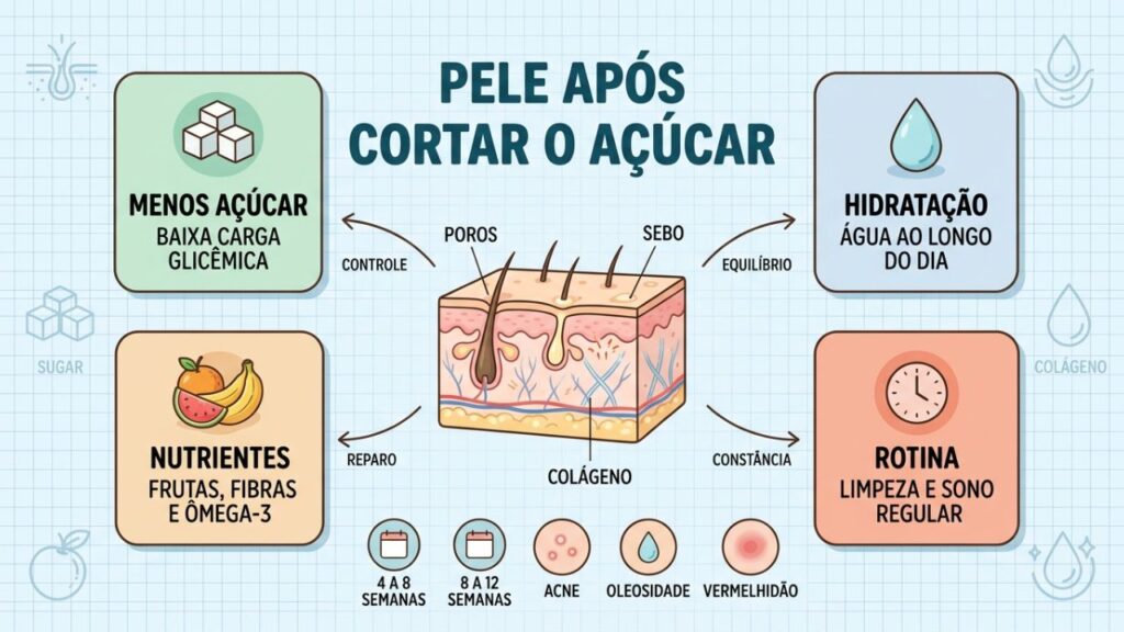 Menos açúcar, hidratação, nutrientes e rotina sustentam pele mais equilibrada.