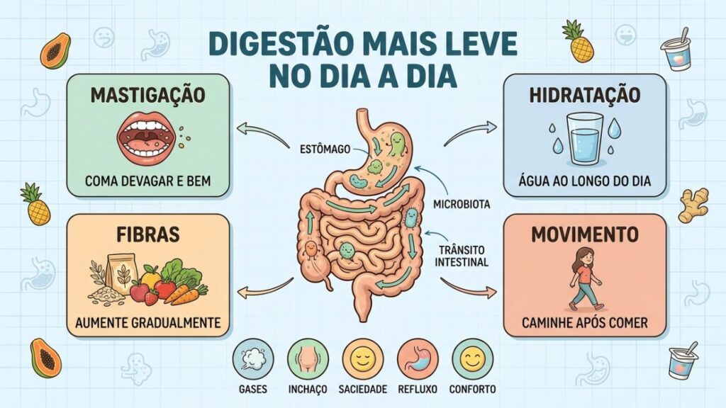 Mastigação, água, fibras e movimento favorecem uma digestão eficiente.