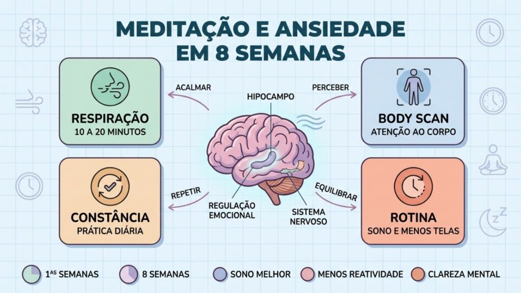 Respiração, body scan, constância e rotina sustentam melhora em 8 semanas.