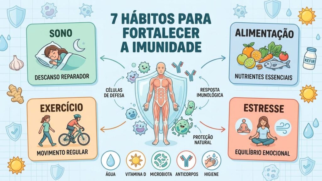 Sono, alimentação, exercício e controle do estresse apoiam a imunidade.