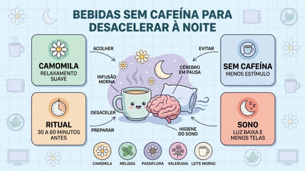 Camomila, menos cafeína, ritual e sono favorecem a desaceleração noturna.