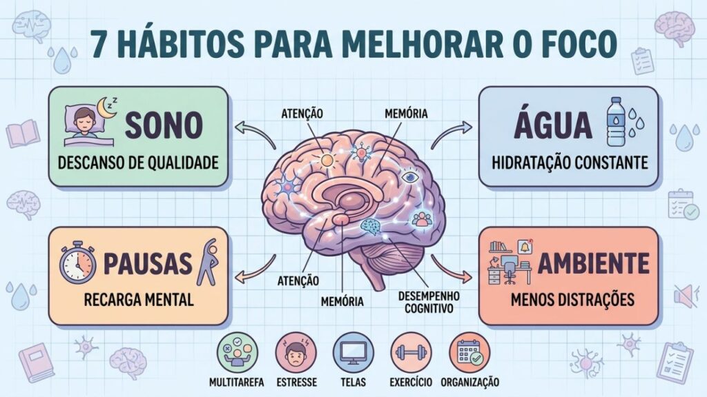 Sono, hidratação, pausas e ambiente adequado fortalecem a atenção.