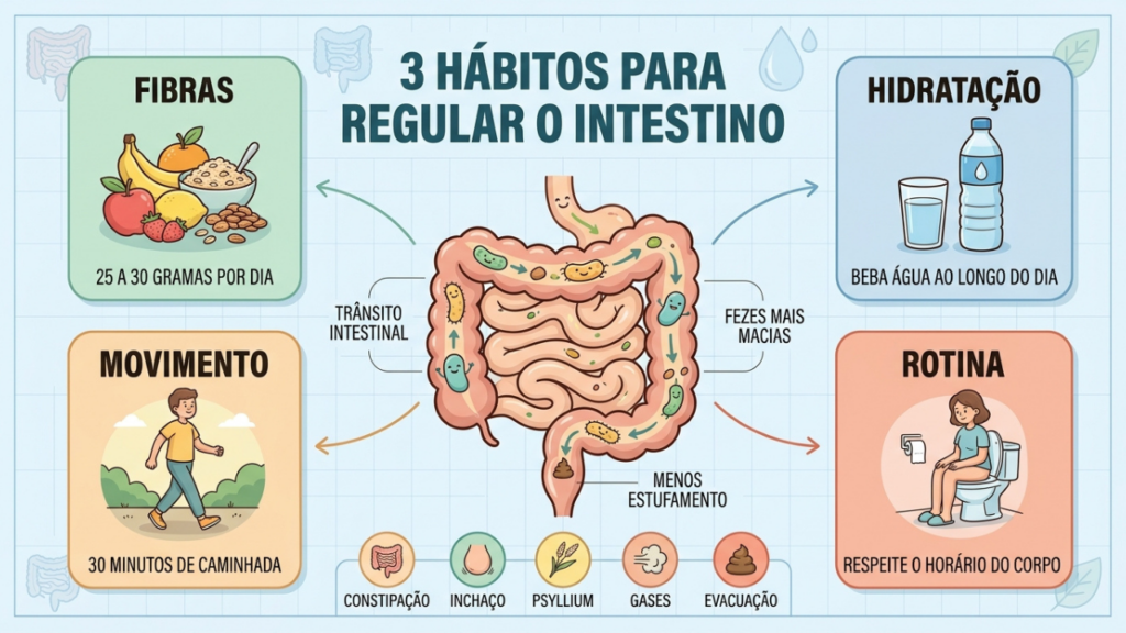 Quatro pilares favorecem o trânsito intestinal e reduzem o desconforto abdominal.
