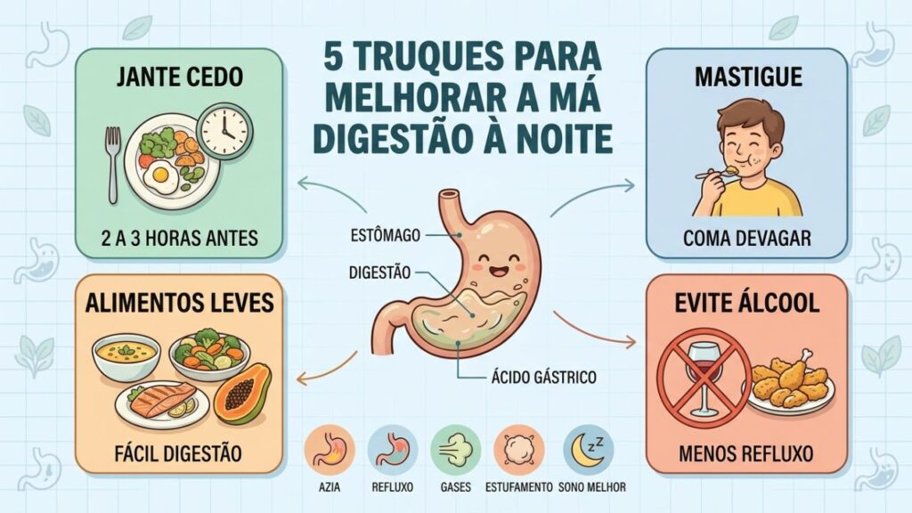 Jantar cedo e leve reduz azia, refluxo e desconfortos digestivos noturnos.