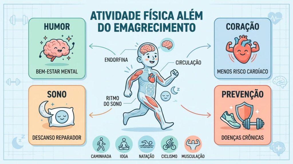 Três pilares do exercício: humor equilibrado, coração forte e sono melhor.