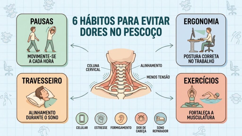 Pausas, ergonomia, sono e exercícios fortalecem a região cervical diariamente.